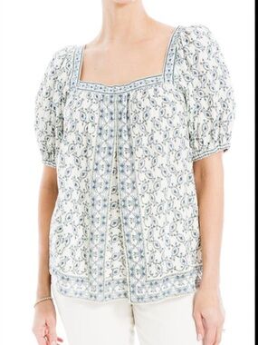 Max Studio Women's Puff Sleeve Top Cream/Blue Square Neck Boho Pattern. Size 2X